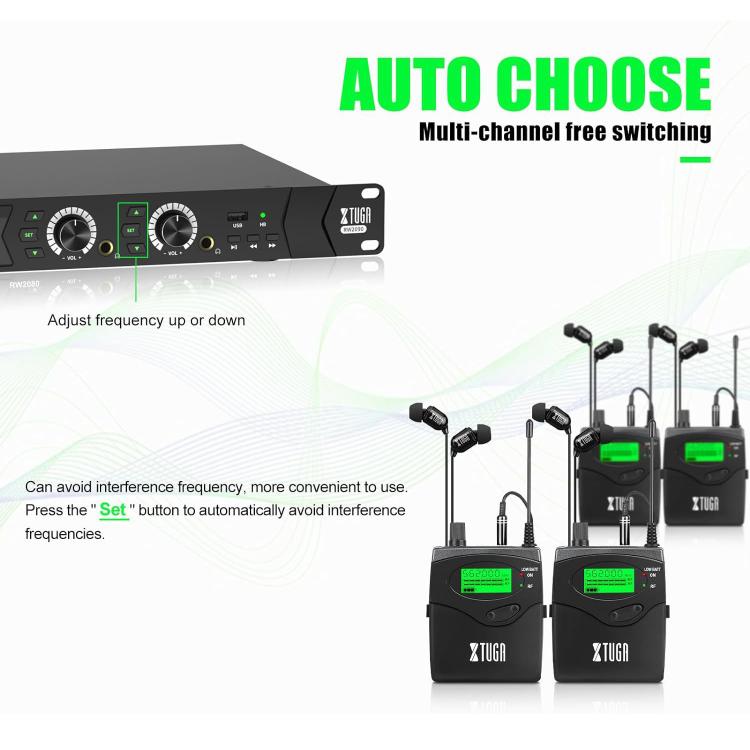 XTUGA RW2090 Professional Stage Wireless 2 Channel In Ear Monitoring System 4 in 1