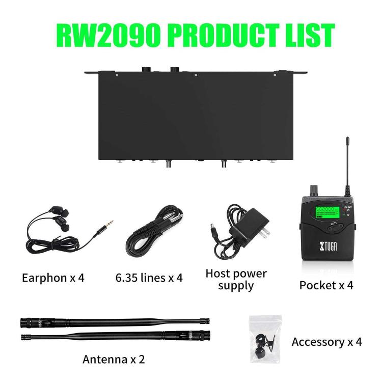 XTUGA RW2090 Professional Stage Wireless 2 Channel In Ear Monitoring System 4 in 1