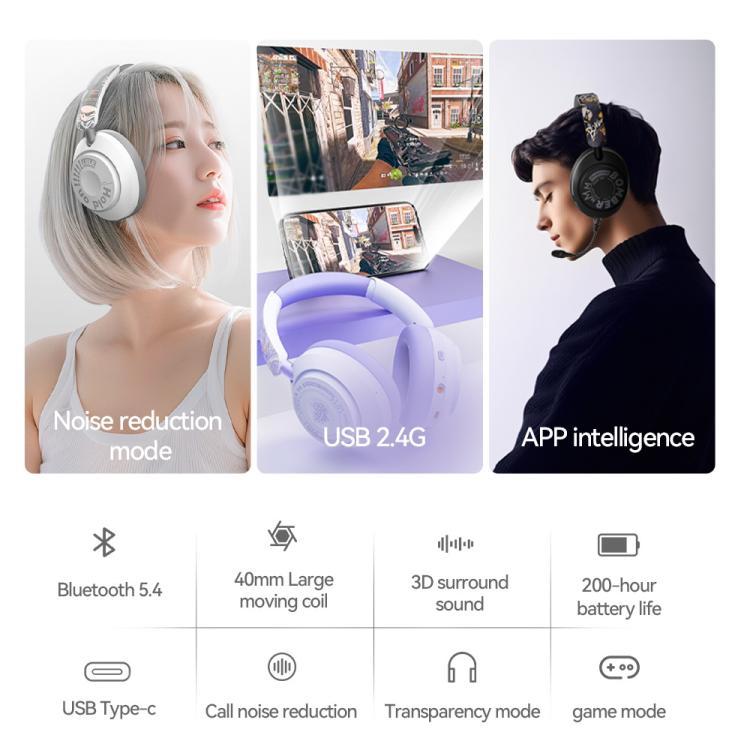 GT-3 Wireless Bluetooth Stereo ANC Gaming Music Headphone with 2.4G USB Drive