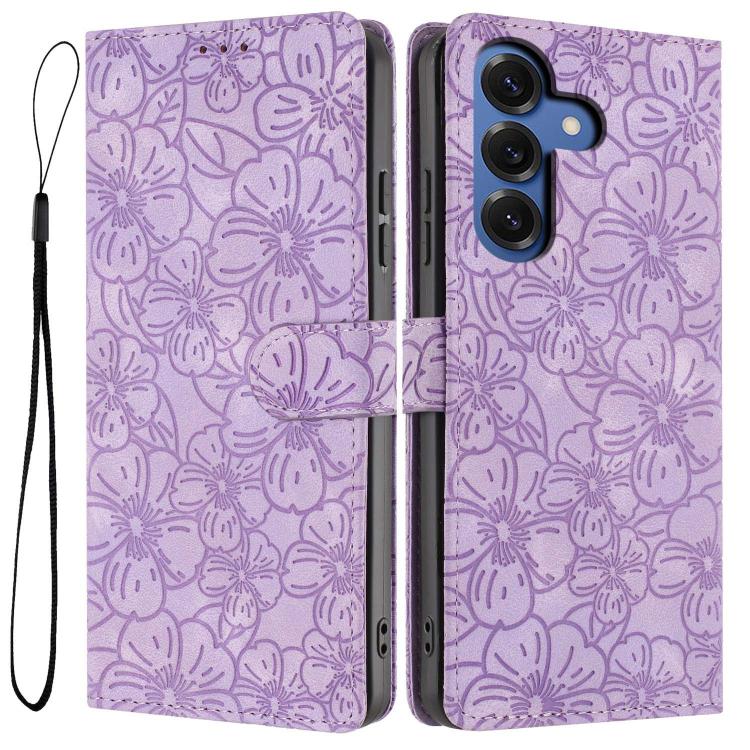 Cherry Blossoms Embossed Leather Phone Case, For Samsung Galaxy S26 Edge 5G, For Samsung Galaxy S26 Ultra 5G, For Samsung Galaxy S26 5G, For Samsung Galaxy S25 FE 5G, For Samsung Galaxy S25 Edge 5G, For Samsung Galaxy S25 5G