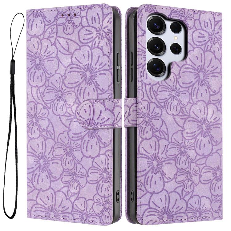 Cherry Blossoms Embossed Leather Phone Case, For Samsung Galaxy S26 Edge 5G, For Samsung Galaxy S26 Ultra 5G, For Samsung Galaxy S26 5G, For Samsung Galaxy S25 FE 5G, For Samsung Galaxy S25 Edge 5G, For Samsung Galaxy S25 5G