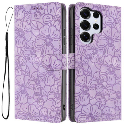 Cherry Blossoms Embossed Leather Phone Case, For Samsung Galaxy S26 Edge 5G, For Samsung Galaxy S26 Ultra 5G, For Samsung Galaxy S26 5G, For Samsung Galaxy S25 FE 5G, For Samsung Galaxy S25 Edge 5G, For Samsung Galaxy S25 5G