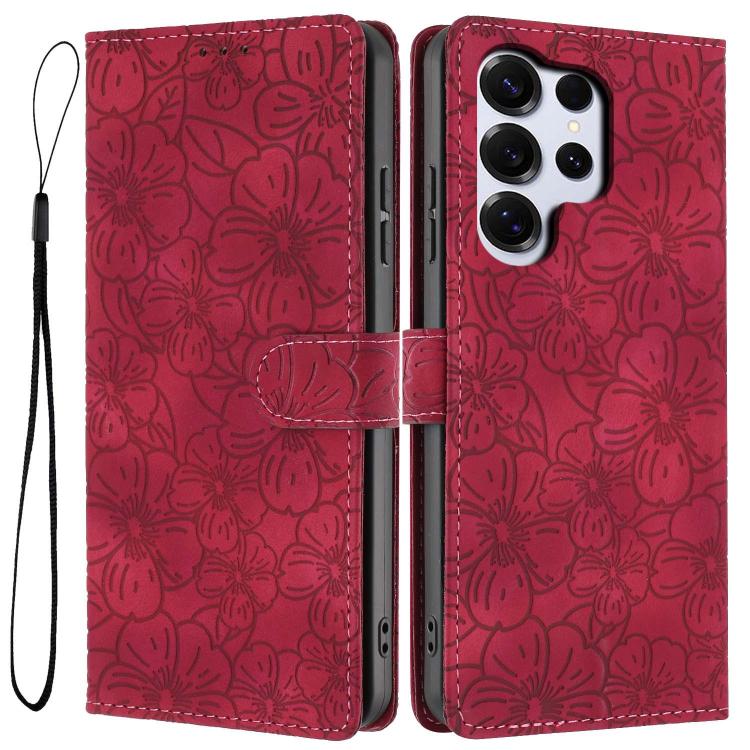 Cherry Blossoms Embossed Leather Phone Case, For Samsung Galaxy S26 Edge 5G, For Samsung Galaxy S26 Ultra 5G, For Samsung Galaxy S26 5G, For Samsung Galaxy S25 FE 5G, For Samsung Galaxy S25 Edge 5G, For Samsung Galaxy S25 5G