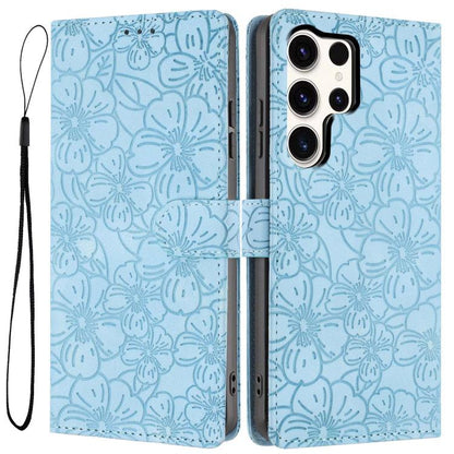 Cherry Blossoms Embossed Leather Phone Case, For Samsung Galaxy S25+ 5G, For Samsung Galaxy S25 Ultra 5G, For Samsung Galaxy S24 FE 5G, For Samsung Galaxy S24 Ultra 5G, For Samsung Galaxy S24+ 5G, For Samsung Galaxy S24 5G