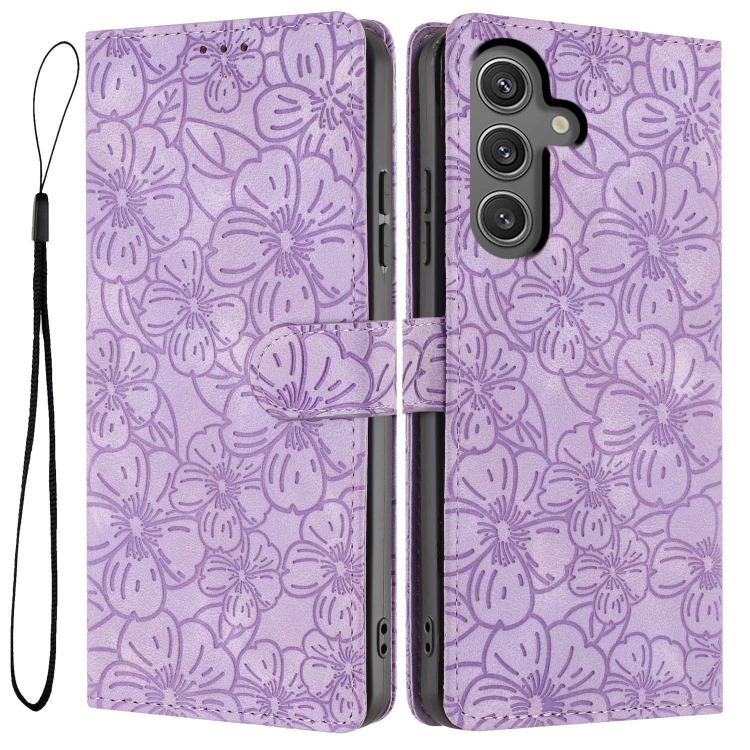 Cherry Blossoms Embossed Leather Phone Case, For Samsung Galaxy S25+ 5G, For Samsung Galaxy S25 Ultra 5G, For Samsung Galaxy S24 FE 5G, For Samsung Galaxy S24 Ultra 5G, For Samsung Galaxy S24+ 5G, For Samsung Galaxy S24 5G