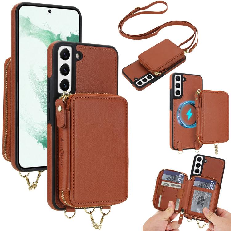 AwQuer 2 in 1 Crossbody Zipper Wallet Leather Back Phone Case, For Samsung Galaxy S22+ 5G, For Samsung Galaxy S22 5G