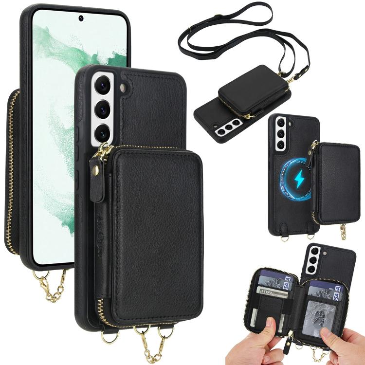 AwQuer 2 in 1 Crossbody Zipper Wallet Leather Back Phone Case, For Samsung Galaxy S22+ 5G, For Samsung Galaxy S22 5G