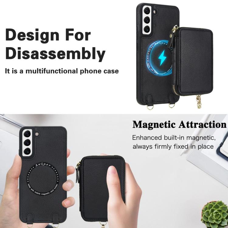 AwQuer 2 in 1 Crossbody Zipper Wallet Leather Back Phone Case, For Samsung Galaxy S22+ 5G, For Samsung Galaxy S22 5G