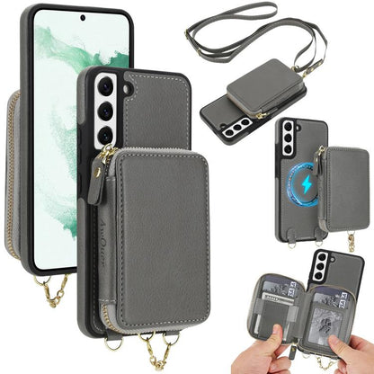 AwQuer 2 in 1 Crossbody Zipper Wallet Leather Back Phone Case, For Samsung Galaxy S22+ 5G, For Samsung Galaxy S22 5G