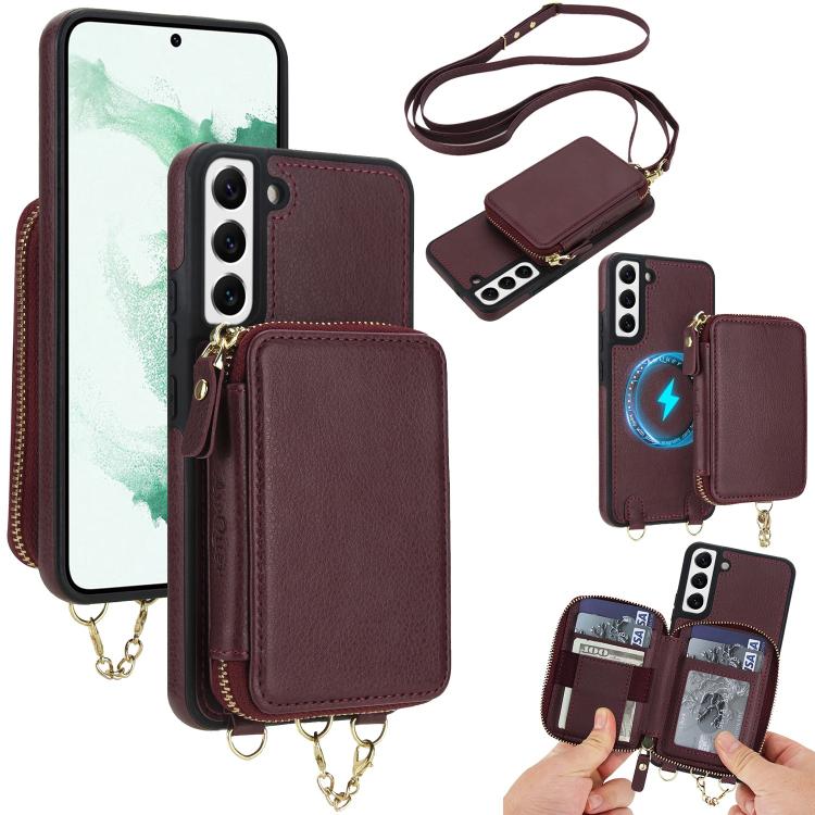 AwQuer 2 in 1 Crossbody Zipper Wallet Leather Back Phone Case, For Samsung Galaxy S22+ 5G, For Samsung Galaxy S22 5G