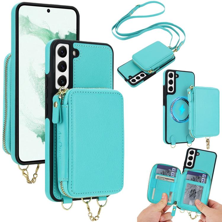 AwQuer 2 in 1 Crossbody Zipper Wallet Leather Back Phone Case, For Samsung Galaxy S22+ 5G, For Samsung Galaxy S22 5G