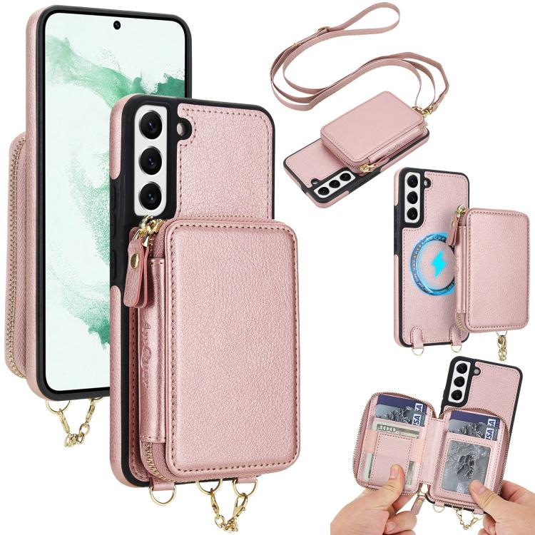 AwQuer 2 in 1 Crossbody Zipper Wallet Leather Back Phone Case, For Samsung Galaxy S22+ 5G, For Samsung Galaxy S22 5G