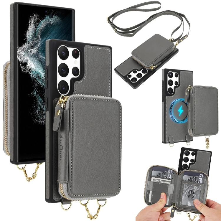 AwQuer 2 in 1 Crossbody Zipper Wallet Leather Back Phone Case, For Samsung Galaxy S24 Ultra 5G, For Samsung Galaxy S23 FE 5G, For Samsung Galaxy S23 Ultra 5G, For Samsung Galaxy S23+ 5G, For Samsung Galaxy S23 5G, For Samsung Galaxy S22 Ultra 5G