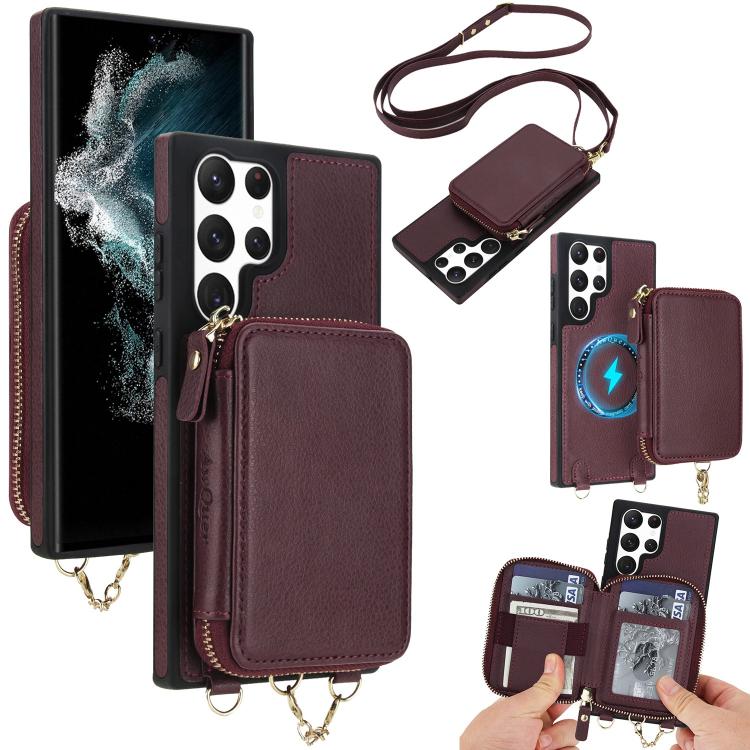 AwQuer 2 in 1 Crossbody Zipper Wallet Leather Back Phone Case, For Samsung Galaxy S24 Ultra 5G, For Samsung Galaxy S23 FE 5G, For Samsung Galaxy S23 Ultra 5G, For Samsung Galaxy S23+ 5G, For Samsung Galaxy S23 5G, For Samsung Galaxy S22 Ultra 5G