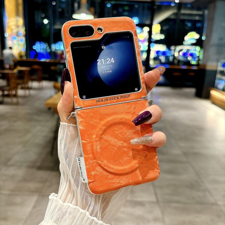 Nameplate Style Silver Edge Side Buckle Shimmering Velvet MagSafe Magnetic Phone Case, For Samsung Galaxy Z Flip6 5G / Flip7 FE, For Samsung Galaxy Z Flip7 5G, For Samsung Galaxy Z Flip5 5G