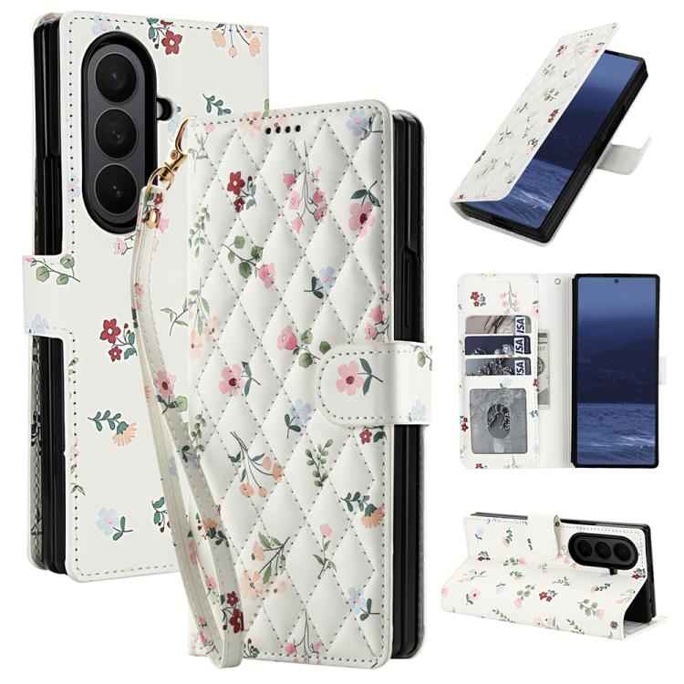 Flower Pattern Buckle Leather Phone Case with Lanyard, For Samsung Galaxy Z Fold7 5G, For Samsung Galaxy Z Fold6, For Samsung Galaxy Z Fold5, For Samsung Galaxy Z Fold4