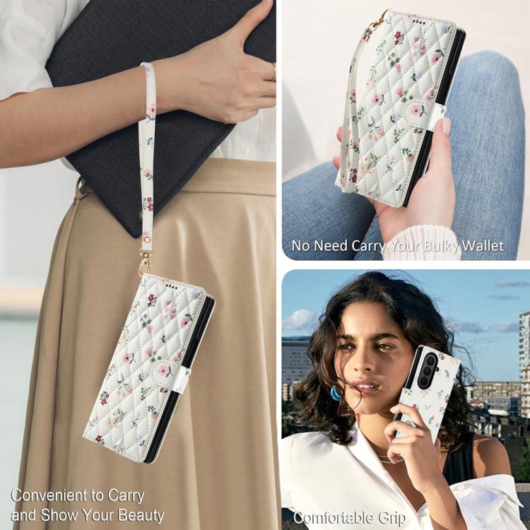 Flower Pattern Buckle Leather Phone Case with Lanyard, For Samsung Galaxy Z Fold7 5G, For Samsung Galaxy Z Fold6, For Samsung Galaxy Z Fold5, For Samsung Galaxy Z Fold4
