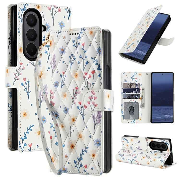Flower Pattern Buckle Leather Phone Case with Lanyard, For Samsung Galaxy Z Fold7 5G, For Samsung Galaxy Z Fold6, For Samsung Galaxy Z Fold5, For Samsung Galaxy Z Fold4