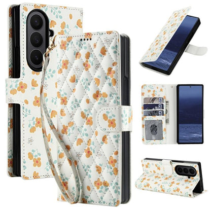 Flower Pattern Buckle Leather Phone Case with Lanyard, For Samsung Galaxy Z Fold7 5G, For Samsung Galaxy Z Fold6, For Samsung Galaxy Z Fold5, For Samsung Galaxy Z Fold4