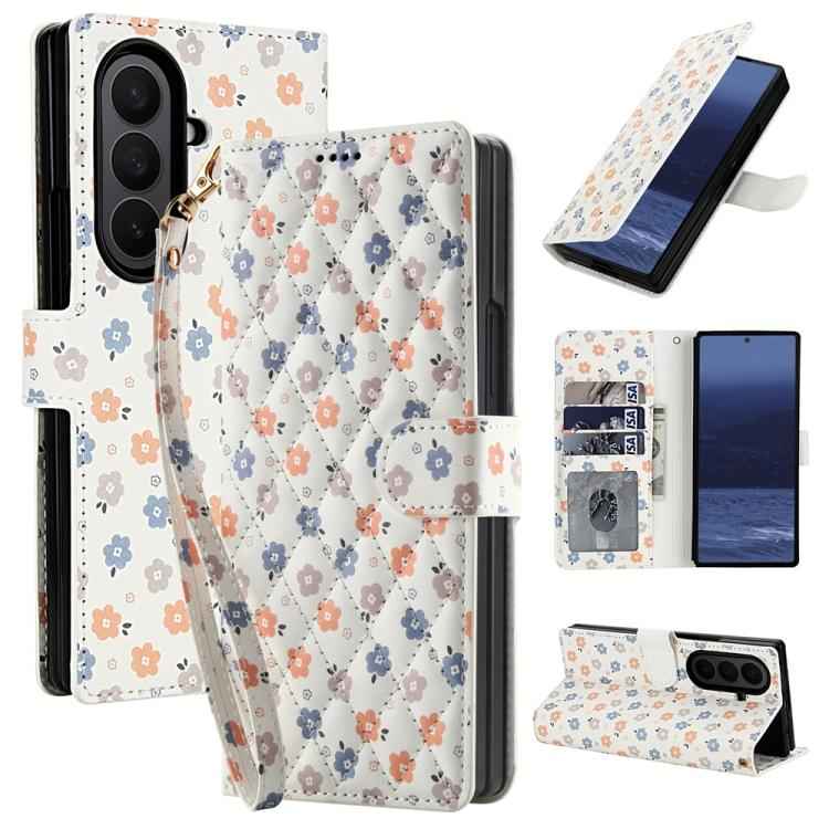 Flower Pattern Buckle Leather Phone Case with Lanyard, For Samsung Galaxy Z Fold7 5G, For Samsung Galaxy Z Fold6, For Samsung Galaxy Z Fold5, For Samsung Galaxy Z Fold4