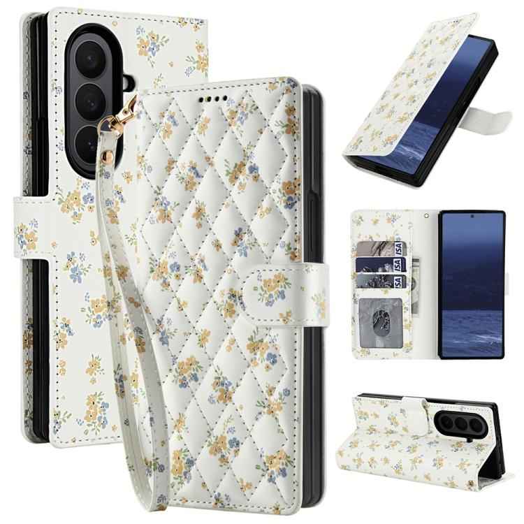 Flower Pattern Buckle Leather Phone Case with Lanyard, For Samsung Galaxy Z Fold7 5G, For Samsung Galaxy Z Fold6, For Samsung Galaxy Z Fold5, For Samsung Galaxy Z Fold4