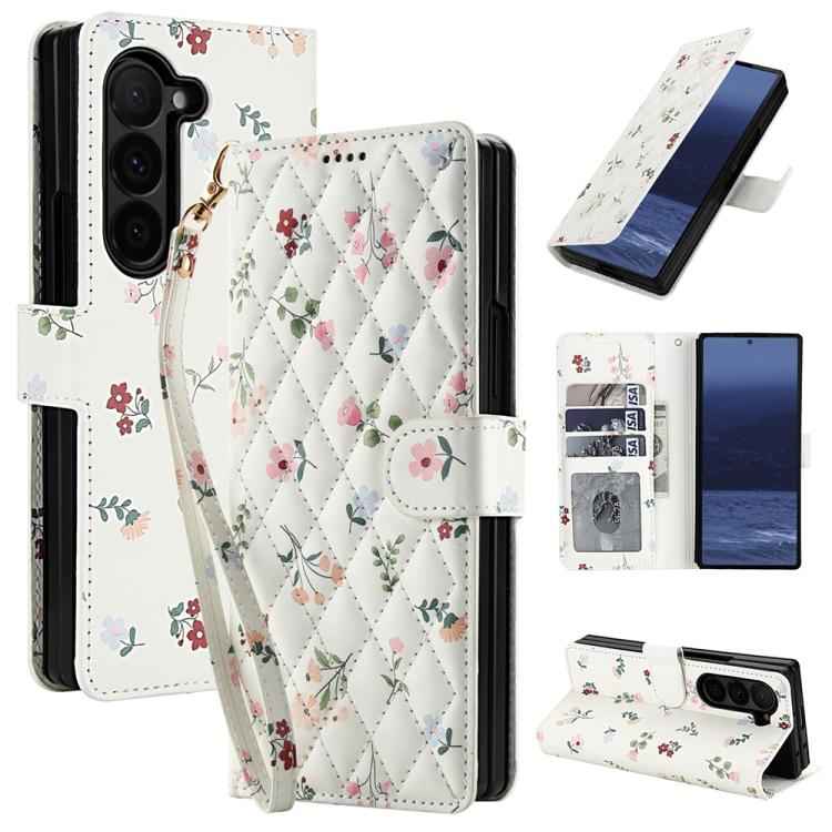 Flower Pattern Buckle Leather Phone Case with Lanyard, For Samsung Galaxy Z Fold7 5G, For Samsung Galaxy Z Fold6, For Samsung Galaxy Z Fold5, For Samsung Galaxy Z Fold4