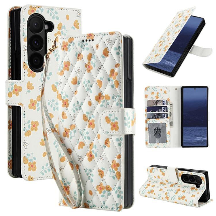 Flower Pattern Buckle Leather Phone Case with Lanyard, For Samsung Galaxy Z Fold7 5G, For Samsung Galaxy Z Fold6, For Samsung Galaxy Z Fold5, For Samsung Galaxy Z Fold4