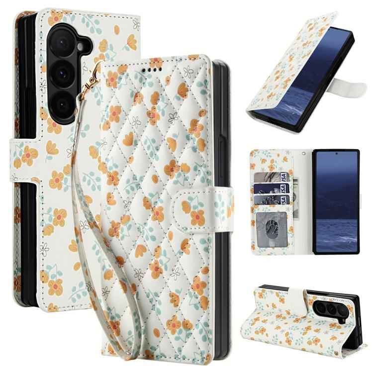 Flower Pattern Buckle Leather Phone Case with Lanyard, For Samsung Galaxy Z Fold7 5G, For Samsung Galaxy Z Fold6, For Samsung Galaxy Z Fold5, For Samsung Galaxy Z Fold4