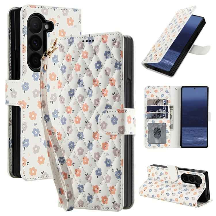Flower Pattern Buckle Leather Phone Case with Lanyard, For Samsung Galaxy Z Fold7 5G, For Samsung Galaxy Z Fold6, For Samsung Galaxy Z Fold5, For Samsung Galaxy Z Fold4