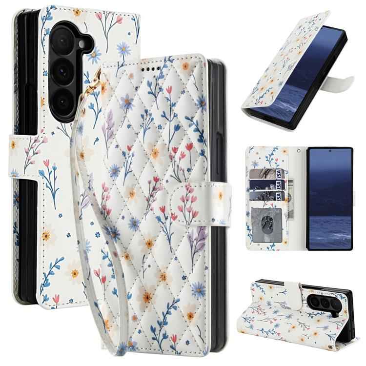 Flower Pattern Buckle Leather Phone Case with Lanyard, For Samsung Galaxy Z Fold7 5G, For Samsung Galaxy Z Fold6, For Samsung Galaxy Z Fold5, For Samsung Galaxy Z Fold4