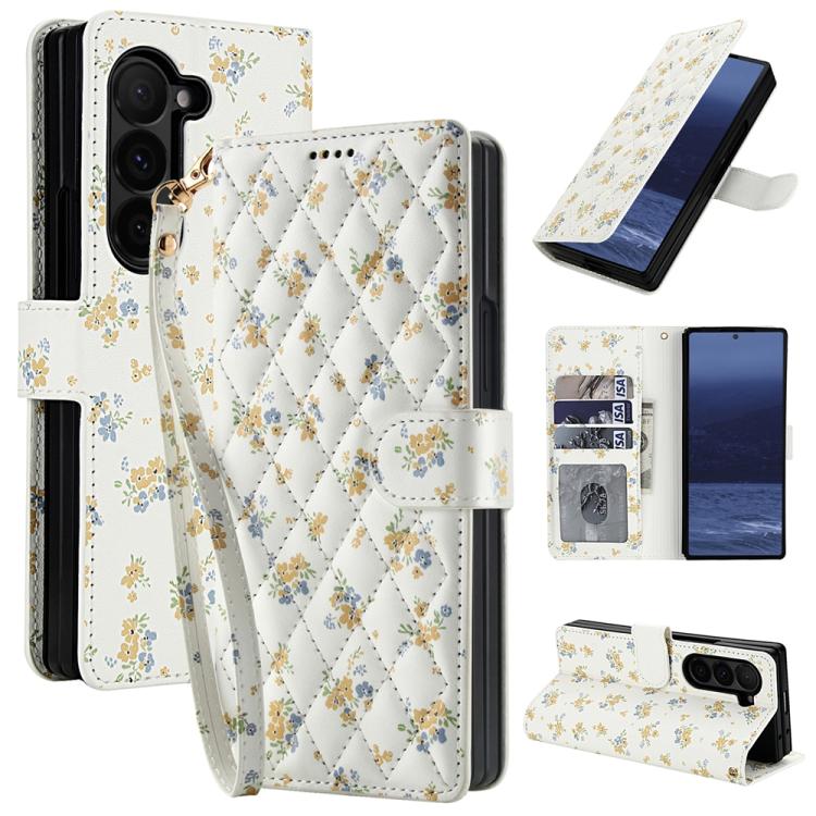 Flower Pattern Buckle Leather Phone Case with Lanyard, For Samsung Galaxy Z Fold7 5G, For Samsung Galaxy Z Fold6, For Samsung Galaxy Z Fold5, For Samsung Galaxy Z Fold4