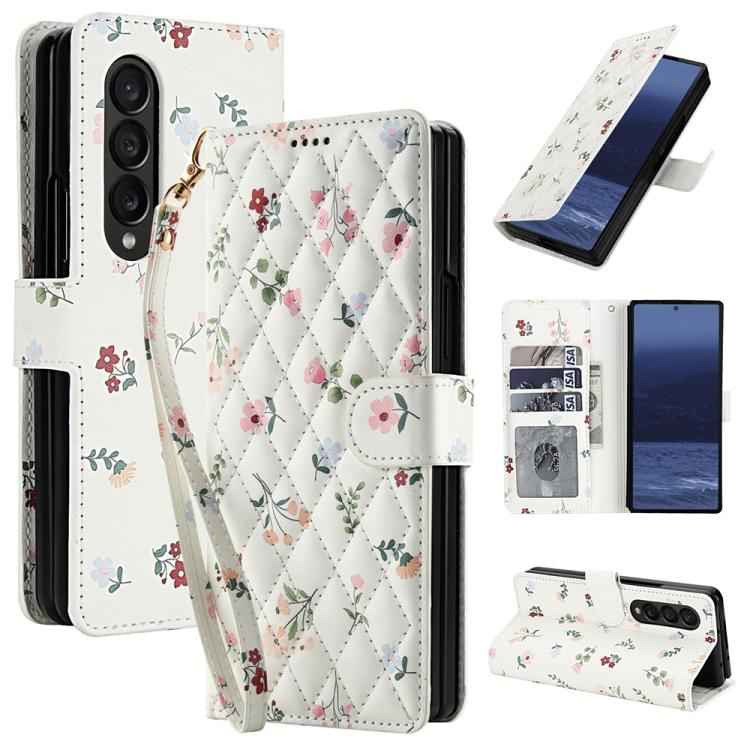 Flower Pattern Buckle Leather Phone Case with Lanyard, For Samsung Galaxy Z Fold7 5G, For Samsung Galaxy Z Fold6, For Samsung Galaxy Z Fold5, For Samsung Galaxy Z Fold4