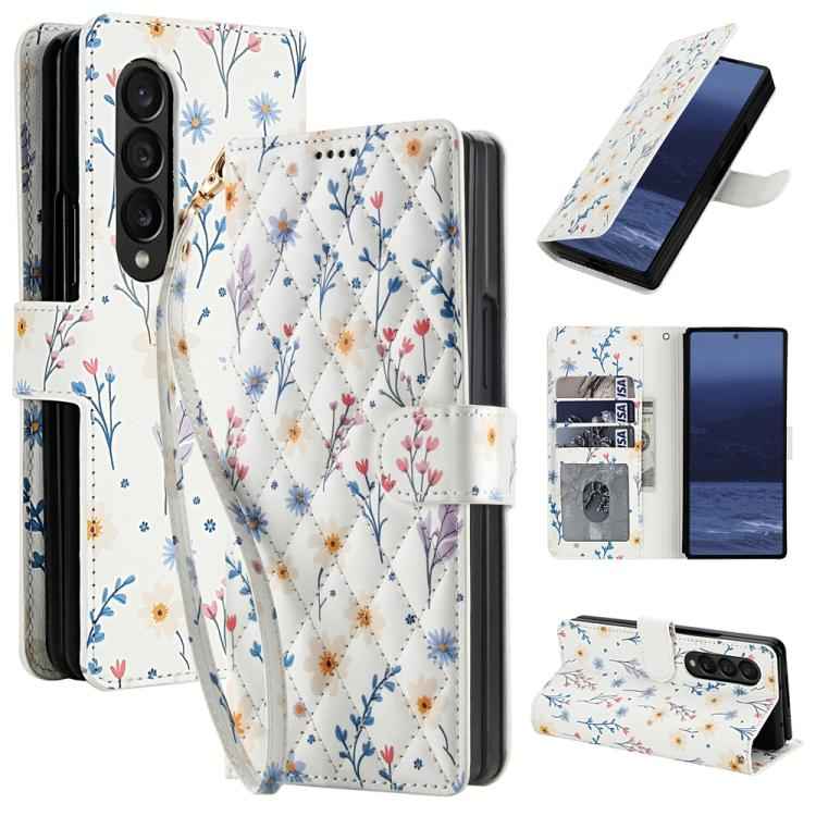 Flower Pattern Buckle Leather Phone Case with Lanyard, For Samsung Galaxy Z Fold7 5G, For Samsung Galaxy Z Fold6, For Samsung Galaxy Z Fold5, For Samsung Galaxy Z Fold4