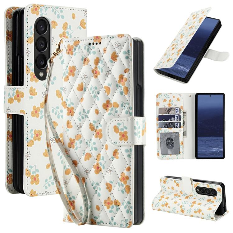 Flower Pattern Buckle Leather Phone Case with Lanyard, For Samsung Galaxy Z Fold7 5G, For Samsung Galaxy Z Fold6, For Samsung Galaxy Z Fold5, For Samsung Galaxy Z Fold4
