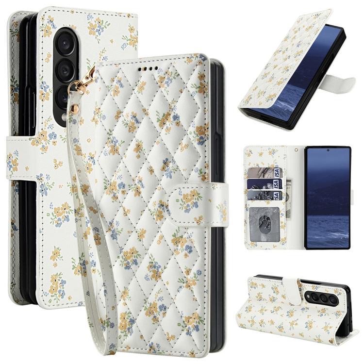 Flower Pattern Buckle Leather Phone Case with Lanyard, For Samsung Galaxy Z Fold7 5G, For Samsung Galaxy Z Fold6, For Samsung Galaxy Z Fold5, For Samsung Galaxy Z Fold4