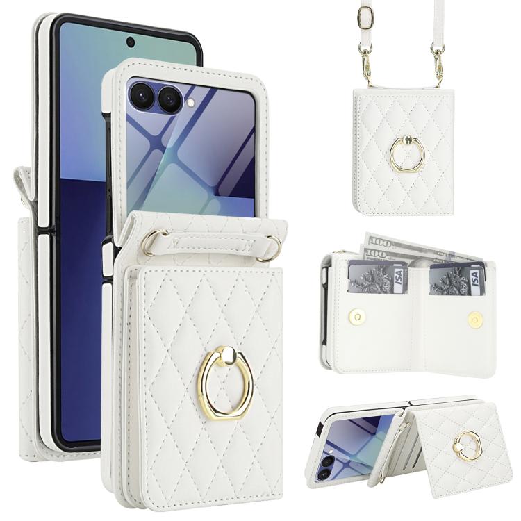Integrated Rhombic Texture Ring RFID Card Bag Phone Case with Long Lanyard, For Galaxy Z Flip8 5G, For Samsung Galaxy Z Flip7 5G, For Samsung Galaxy Z Flip6 5G, For Samsung Galaxy Z Flip5 5G, For Samsung Galaxy Z Flip4 5G, For Samsung Galaxy Z Flip3 5G