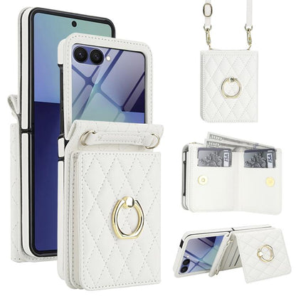 Integrated Rhombic Texture Ring RFID Card Bag Phone Case with Long Lanyard, For Galaxy Z Flip8 5G, For Samsung Galaxy Z Flip7 5G, For Samsung Galaxy Z Flip6 5G, For Samsung Galaxy Z Flip5 5G, For Samsung Galaxy Z Flip4 5G, For Samsung Galaxy Z Flip3 5G