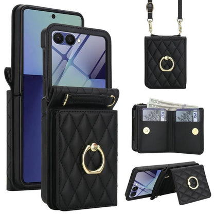 Integrated Rhombic Texture Ring RFID Card Bag Phone Case with Long Lanyard, For Galaxy Z Flip8 5G, For Samsung Galaxy Z Flip7 5G, For Samsung Galaxy Z Flip6 5G, For Samsung Galaxy Z Flip5 5G, For Samsung Galaxy Z Flip4 5G, For Samsung Galaxy Z Flip3 5G