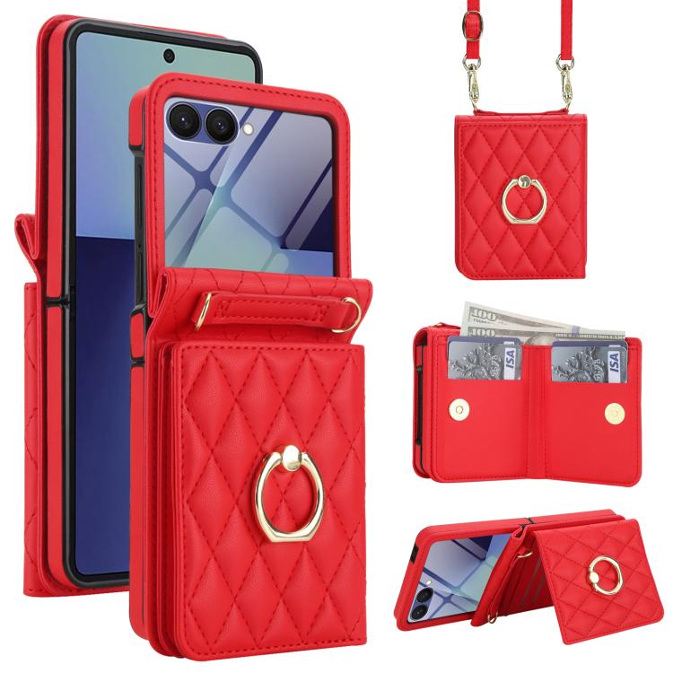Integrated Rhombic Texture Ring RFID Card Bag Phone Case with Long Lanyard, For Galaxy Z Flip8 5G, For Samsung Galaxy Z Flip7 5G, For Samsung Galaxy Z Flip6 5G, For Samsung Galaxy Z Flip5 5G, For Samsung Galaxy Z Flip4 5G, For Samsung Galaxy Z Flip3 5G