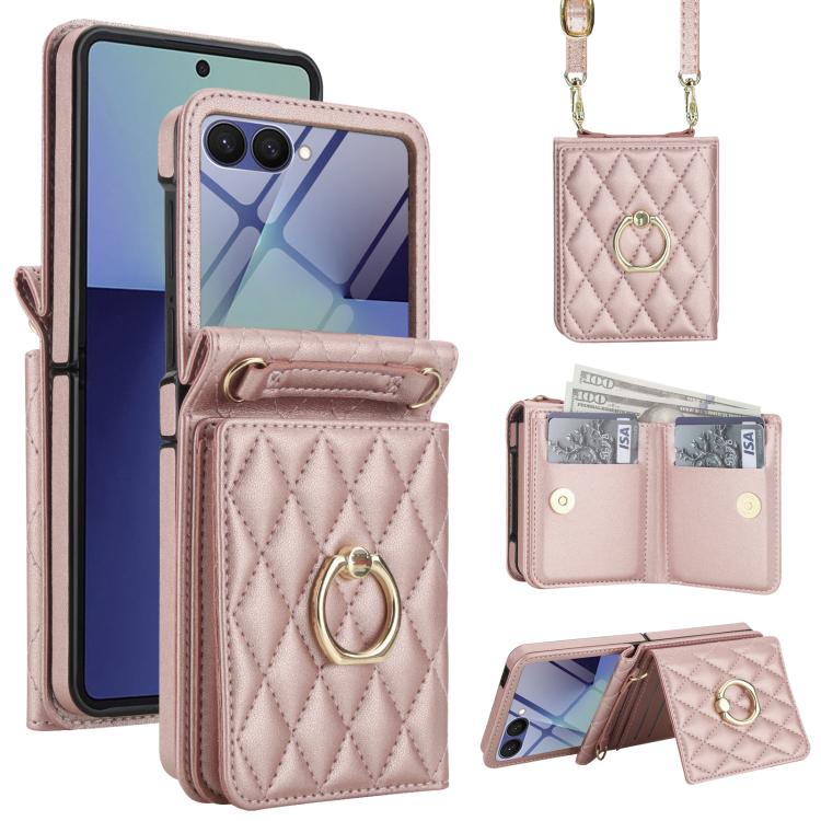 Integrated Rhombic Texture Ring RFID Card Bag Phone Case with Long Lanyard, For Galaxy Z Flip8 5G, For Samsung Galaxy Z Flip7 5G, For Samsung Galaxy Z Flip6 5G, For Samsung Galaxy Z Flip5 5G, For Samsung Galaxy Z Flip4 5G, For Samsung Galaxy Z Flip3 5G