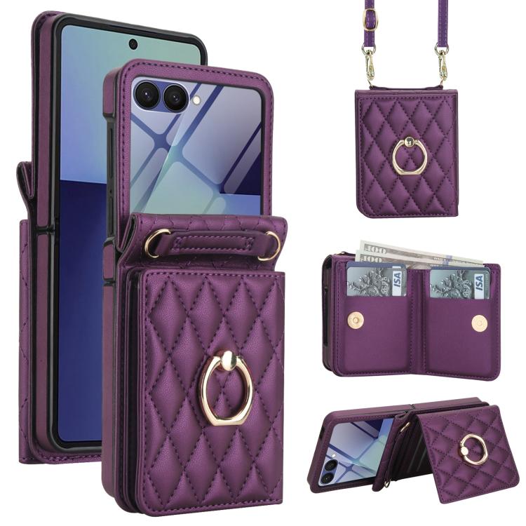 Integrated Rhombic Texture Ring RFID Card Bag Phone Case with Long Lanyard, For Galaxy Z Flip8 5G, For Samsung Galaxy Z Flip7 5G, For Samsung Galaxy Z Flip6 5G, For Samsung Galaxy Z Flip5 5G, For Samsung Galaxy Z Flip4 5G, For Samsung Galaxy Z Flip3 5G