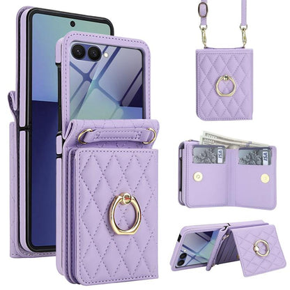 Integrated Rhombic Texture Ring RFID Card Bag Phone Case with Long Lanyard, For Galaxy Z Flip8 5G, For Samsung Galaxy Z Flip7 5G, For Samsung Galaxy Z Flip6 5G, For Samsung Galaxy Z Flip5 5G, For Samsung Galaxy Z Flip4 5G, For Samsung Galaxy Z Flip3 5G