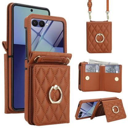 Integrated Rhombic Texture Ring RFID Card Bag Phone Case with Long Lanyard, For Galaxy Z Flip8 5G, For Samsung Galaxy Z Flip7 5G, For Samsung Galaxy Z Flip6 5G, For Samsung Galaxy Z Flip5 5G, For Samsung Galaxy Z Flip4 5G, For Samsung Galaxy Z Flip3 5G