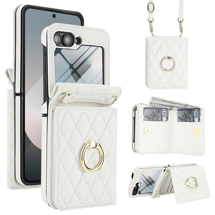 Integrated Rhombic Texture Ring RFID Card Bag Phone Case with Long Lanyard, For Galaxy Z Flip8 5G, For Samsung Galaxy Z Flip7 5G, For Samsung Galaxy Z Flip6 5G, For Samsung Galaxy Z Flip5 5G, For Samsung Galaxy Z Flip4 5G, For Samsung Galaxy Z Flip3 5G