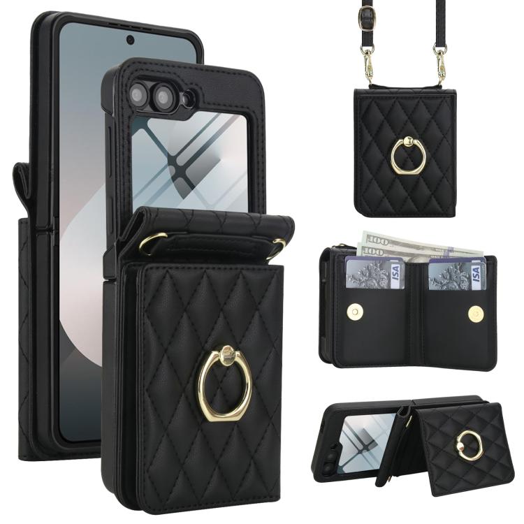 Integrated Rhombic Texture Ring RFID Card Bag Phone Case with Long Lanyard, For Galaxy Z Flip8 5G, For Samsung Galaxy Z Flip7 5G, For Samsung Galaxy Z Flip6 5G, For Samsung Galaxy Z Flip5 5G, For Samsung Galaxy Z Flip4 5G, For Samsung Galaxy Z Flip3 5G
