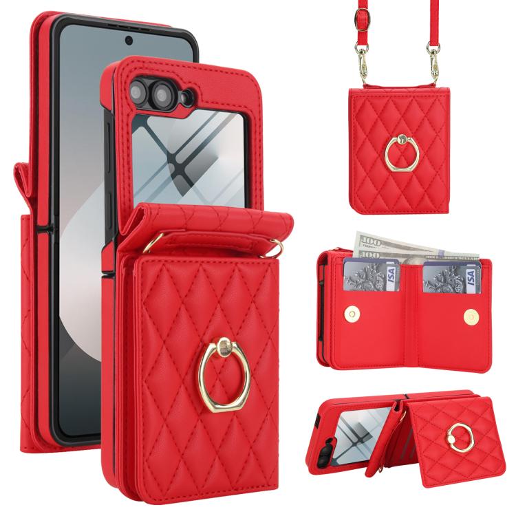 Integrated Rhombic Texture Ring RFID Card Bag Phone Case with Long Lanyard, For Galaxy Z Flip8 5G, For Samsung Galaxy Z Flip7 5G, For Samsung Galaxy Z Flip6 5G, For Samsung Galaxy Z Flip5 5G, For Samsung Galaxy Z Flip4 5G, For Samsung Galaxy Z Flip3 5G