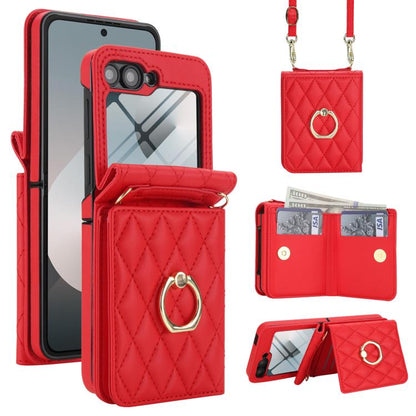 Integrated Rhombic Texture Ring RFID Card Bag Phone Case with Long Lanyard, For Galaxy Z Flip8 5G, For Samsung Galaxy Z Flip7 5G, For Samsung Galaxy Z Flip6 5G, For Samsung Galaxy Z Flip5 5G, For Samsung Galaxy Z Flip4 5G, For Samsung Galaxy Z Flip3 5G