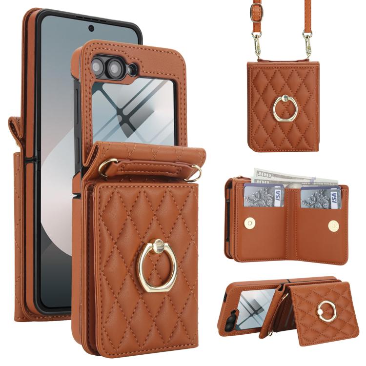 Integrated Rhombic Texture Ring RFID Card Bag Phone Case with Long Lanyard, For Galaxy Z Flip8 5G, For Samsung Galaxy Z Flip7 5G, For Samsung Galaxy Z Flip6 5G, For Samsung Galaxy Z Flip5 5G, For Samsung Galaxy Z Flip4 5G, For Samsung Galaxy Z Flip3 5G