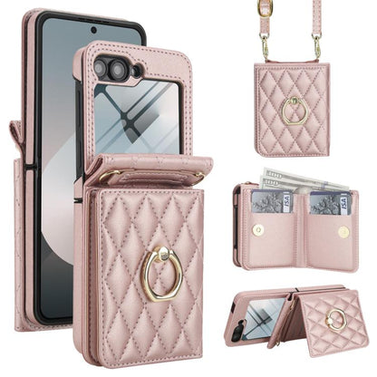 Integrated Rhombic Texture Ring RFID Card Bag Phone Case with Long Lanyard, For Galaxy Z Flip8 5G, For Samsung Galaxy Z Flip7 5G, For Samsung Galaxy Z Flip6 5G, For Samsung Galaxy Z Flip5 5G, For Samsung Galaxy Z Flip4 5G, For Samsung Galaxy Z Flip3 5G