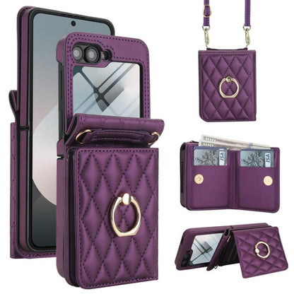 Integrated Rhombic Texture Ring RFID Card Bag Phone Case with Long Lanyard, For Galaxy Z Flip8 5G, For Samsung Galaxy Z Flip7 5G, For Samsung Galaxy Z Flip6 5G, For Samsung Galaxy Z Flip5 5G, For Samsung Galaxy Z Flip4 5G, For Samsung Galaxy Z Flip3 5G